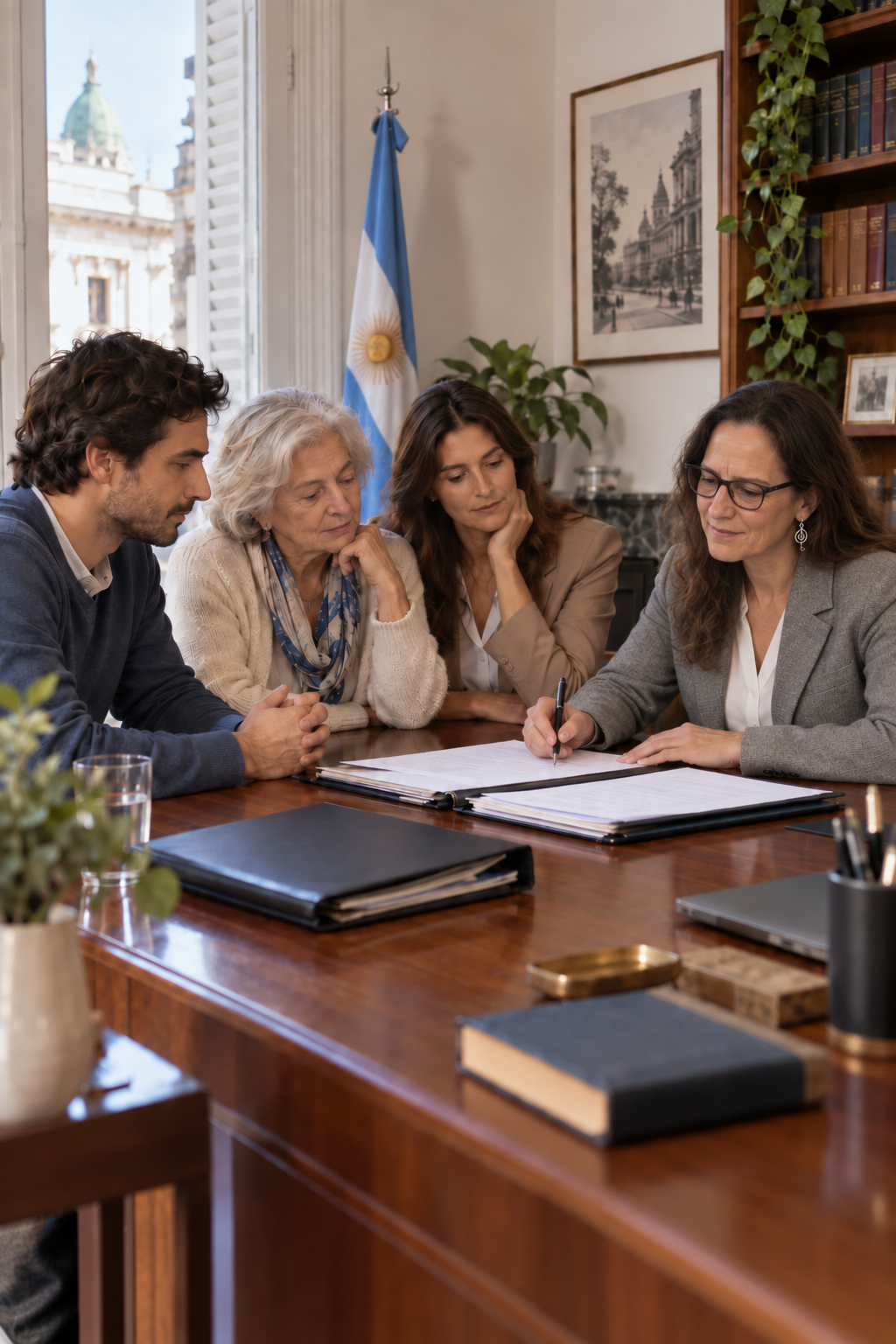 Familia reunida con una abogada mientras revisan documentación sucesoria