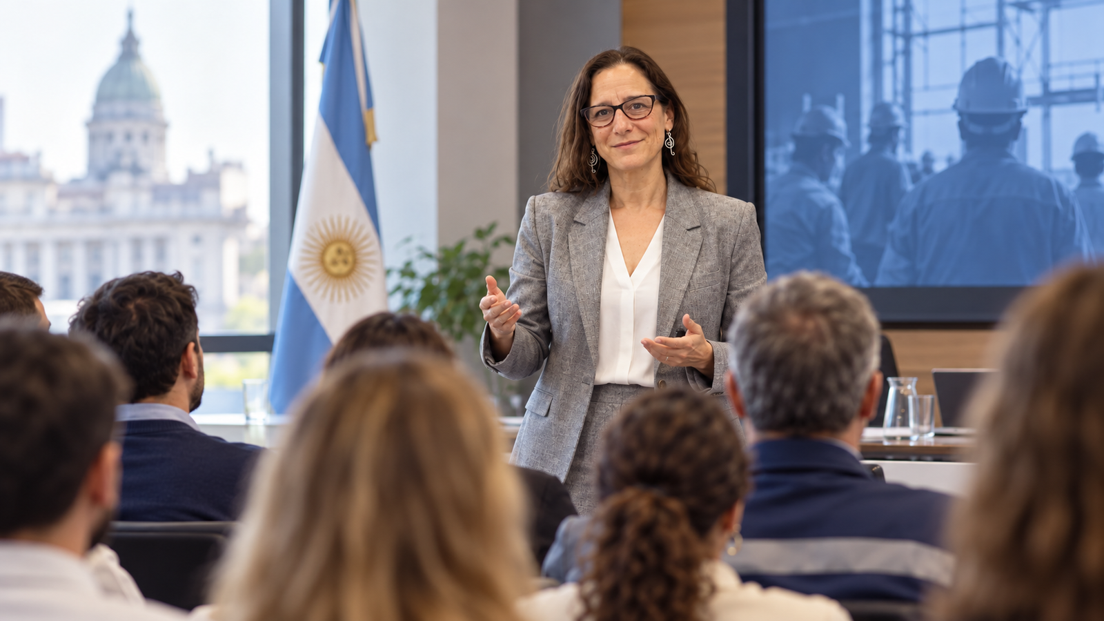 Abogada disertando ante un grupo de personas sobre derecho colectivo